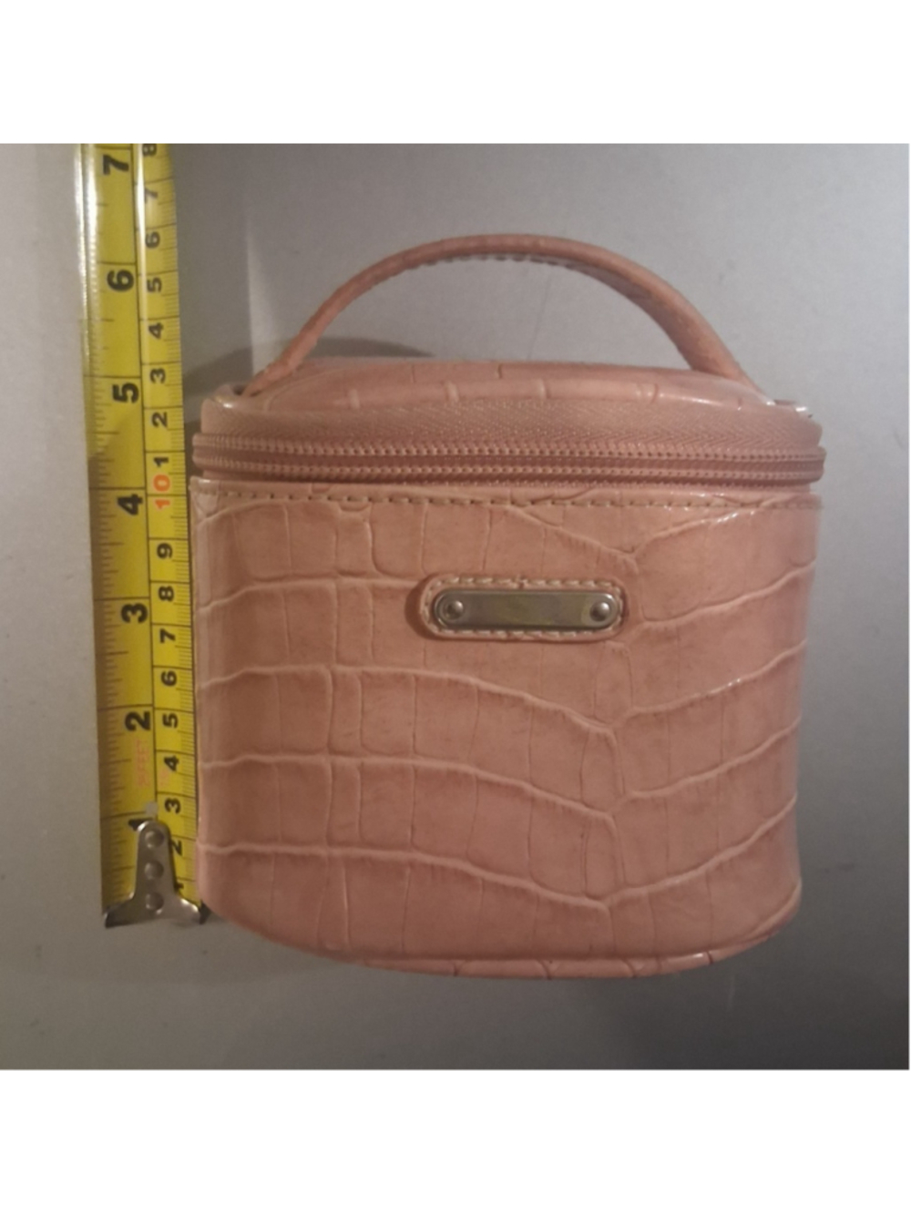 Pink Croc-Embossed Faux Leather Makeup Bag with Handle, Mirror & Zipper 6x5"